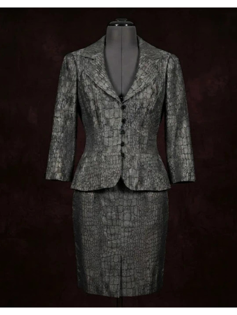 Vintage Kay Unger New York Croc Embossed Print 2-Piece Suit Set Grey Size 12